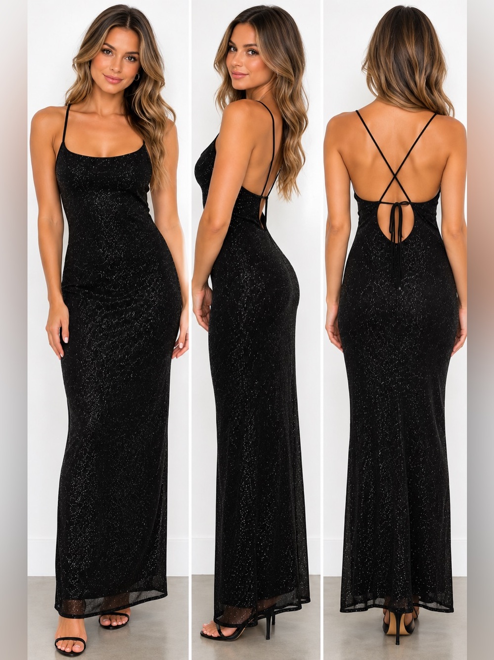 Babyboo Black Glitter Sparkle Open Back Maxi Dress Size S